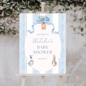 baby shower classico, cartello di benvenuto di Peter Rabbit, cartello di benvenuto per baby shower, cartello di benvenuto per baby shower, baby shower di primavera, Peter Rabbit