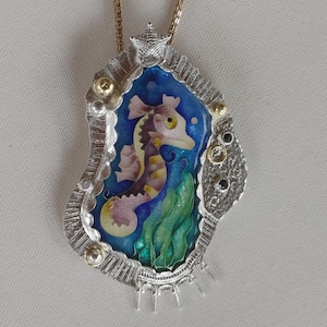 Enamel Cloisonne Necklace, Seahorse Necklace Handmade Pendant Silver 14K Gold