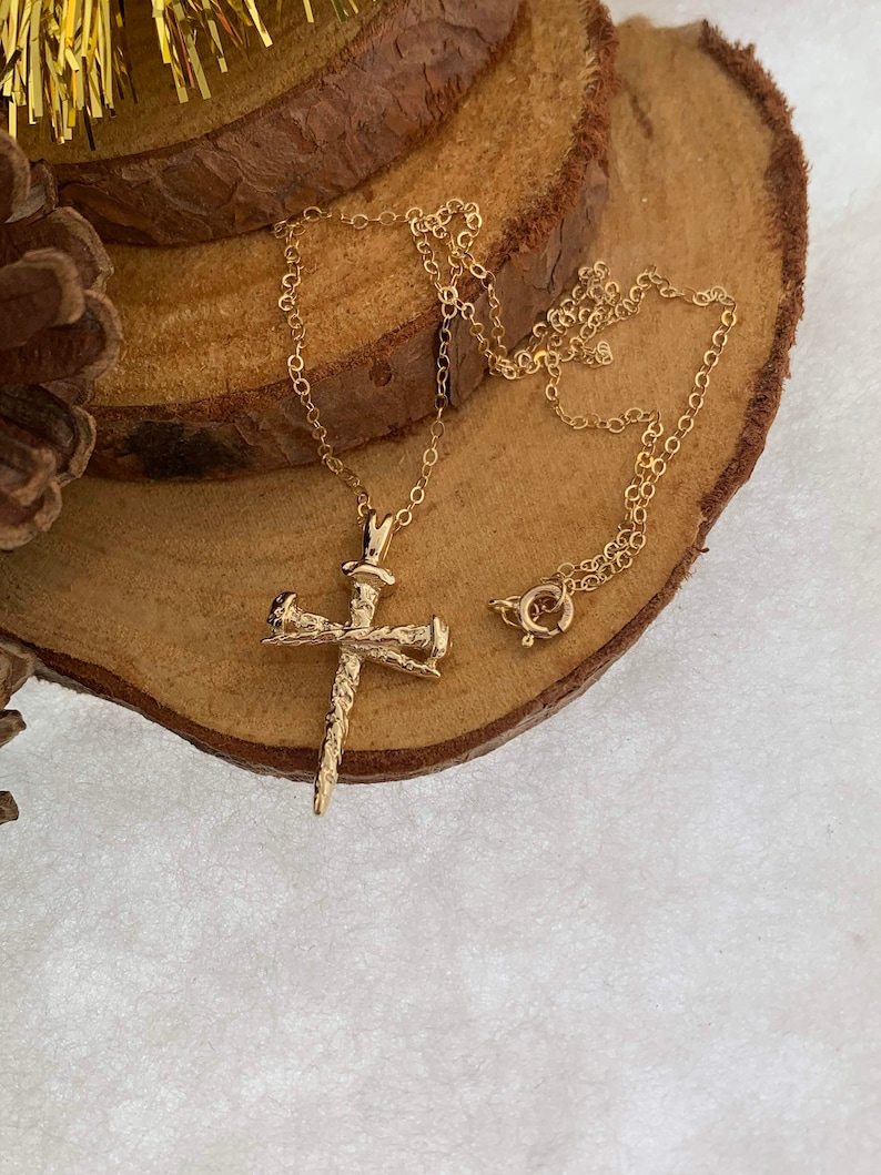 14K Solid Gold Nail Cross Pendant Necklace Religious Jesus Etsy