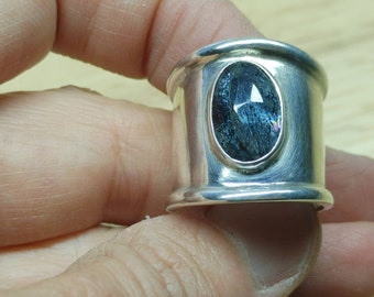 Cigar Ring Sterling Silver, Wide Sapphire Ring, Teal Stone Ring, Handmade Wide Band Ring