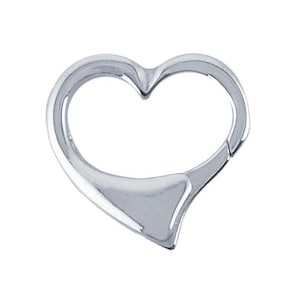 May include: A silver-colored heart-shaped clasp. The clasp is open, revealing a hollow heart design. The metal has a polished, reflective surface. The clasp is designed to secure jewelry or other accessories.