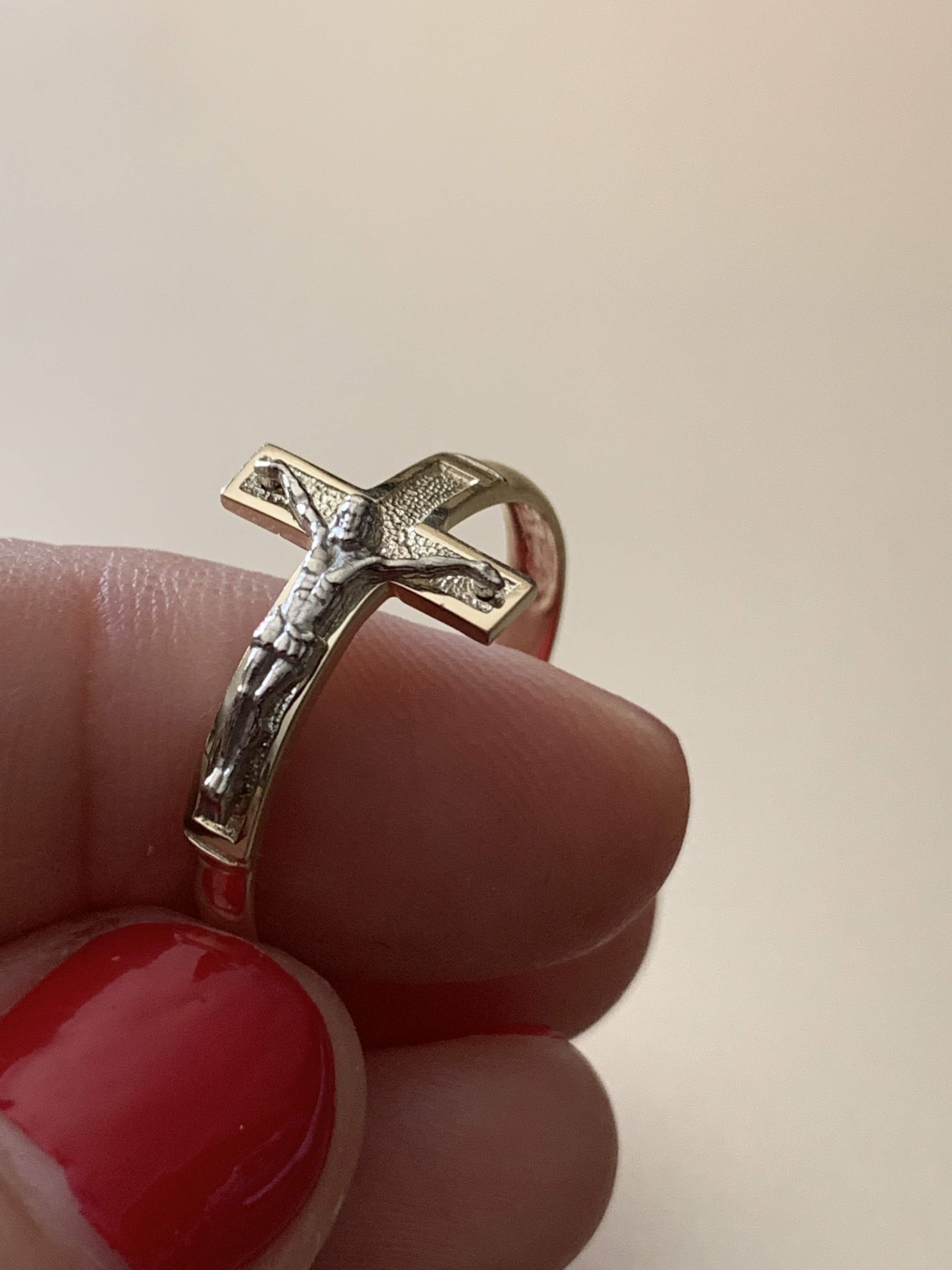 14K Solid Gold Mens Cross Ring Crucifix Ring Band Two Tone Etsy
