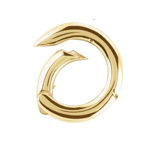 May include: A gold-colored, curved jewelry clasp with a unique design. The clasp has a circular shape with a pointed end that fits into a corresponding opening. The metal has a polished finish, reflecting light.