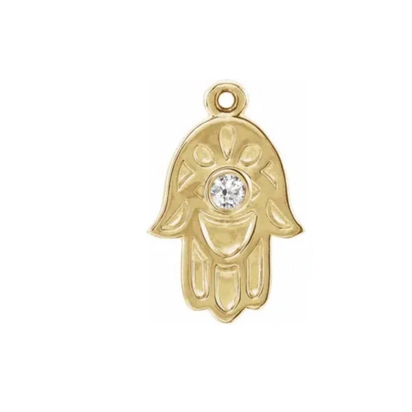 14K Yellow, White Gold Hamsa Hand Charm, Diamond Hamsa Hand Pendant for Paperclip Necklace Chain