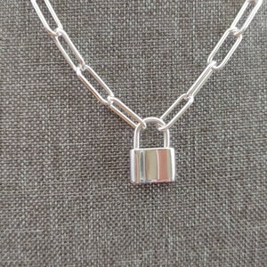 Solid 925 Sterling Silver Paperclip Necklace Padlock Clasp Pendant Engravable Any Length