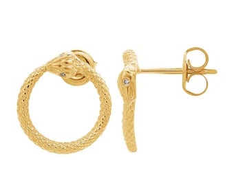 14K Yellow Gold Diamond Snake Earrings Ouroboros Snake Earrings R