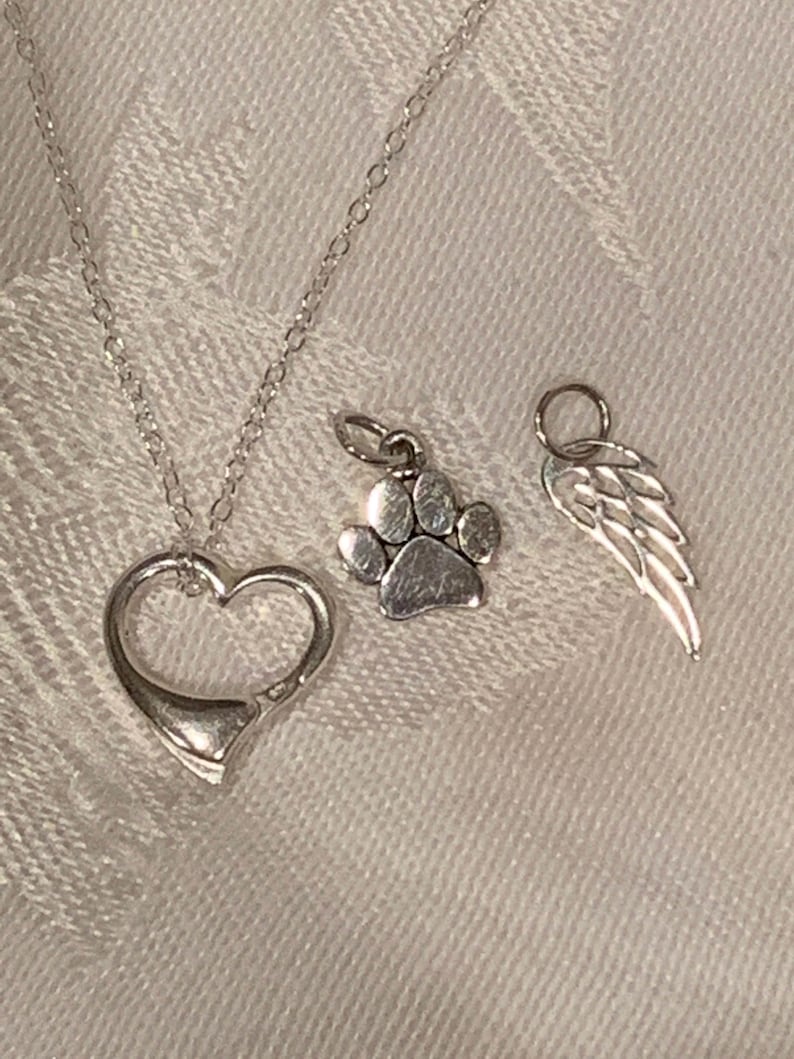 Pet Dog Cat Memorial Pendant Paw Print Angel Wing Floating Heart Pendant Sterling Silver Charm Necklace