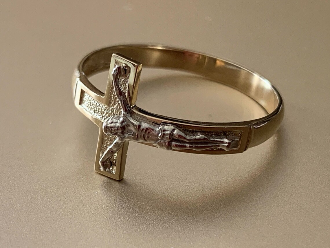 14K Solid Gold Mens Cross Ring Crucifix Ring Band Two Tone Etsy