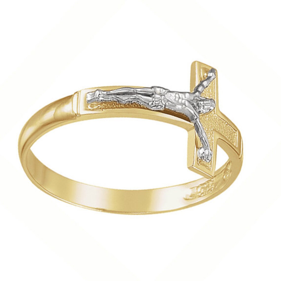 14K Solid Gold Mens Cross Ring Crucifix Ring Band Two Tone Etsy