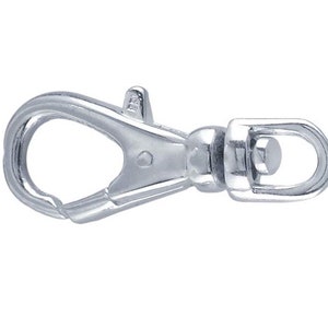 May include: A shiny, silver-colored lobster clasp with a spring-loaded gate and a swivel ring. This jewelry finding is designed for attaching to necklaces, bracelets, or keychains. The clasp is made of a durable metal.