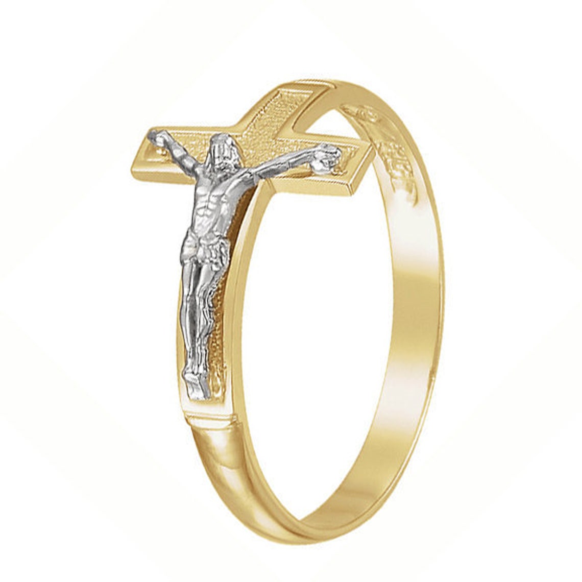 14K Solid Gold Mens Cross Ring Crucifix Ring Band Two Tone Etsy