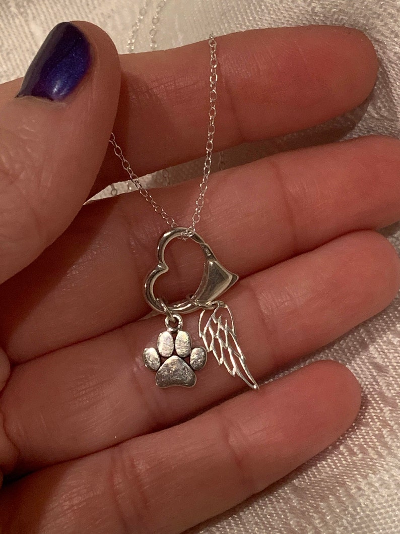 Pet Dog Cat Memorial Pendant Paw Print Angel Wing Floating Heart Pendant Sterling Silver Charm Necklace
