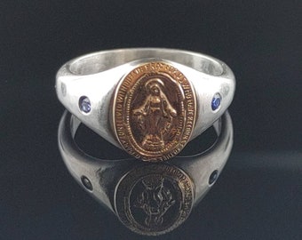 Miraculous Medal Ring, Virgin Mary Sterling Silver Ring, Sapphire Ring, Religious Ring