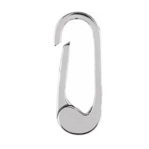 May include: A shiny, silver-colored carabiner clip. The clip has a curved top and a straight, elongated body with a rounded bottom. The opening is on the top, and the clip is designed to secure items.