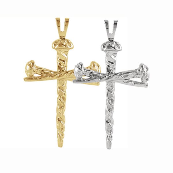 14K Yellow Gold Nail Cross Pendant 925 Sterling Silver Necklace Crucifix Cross