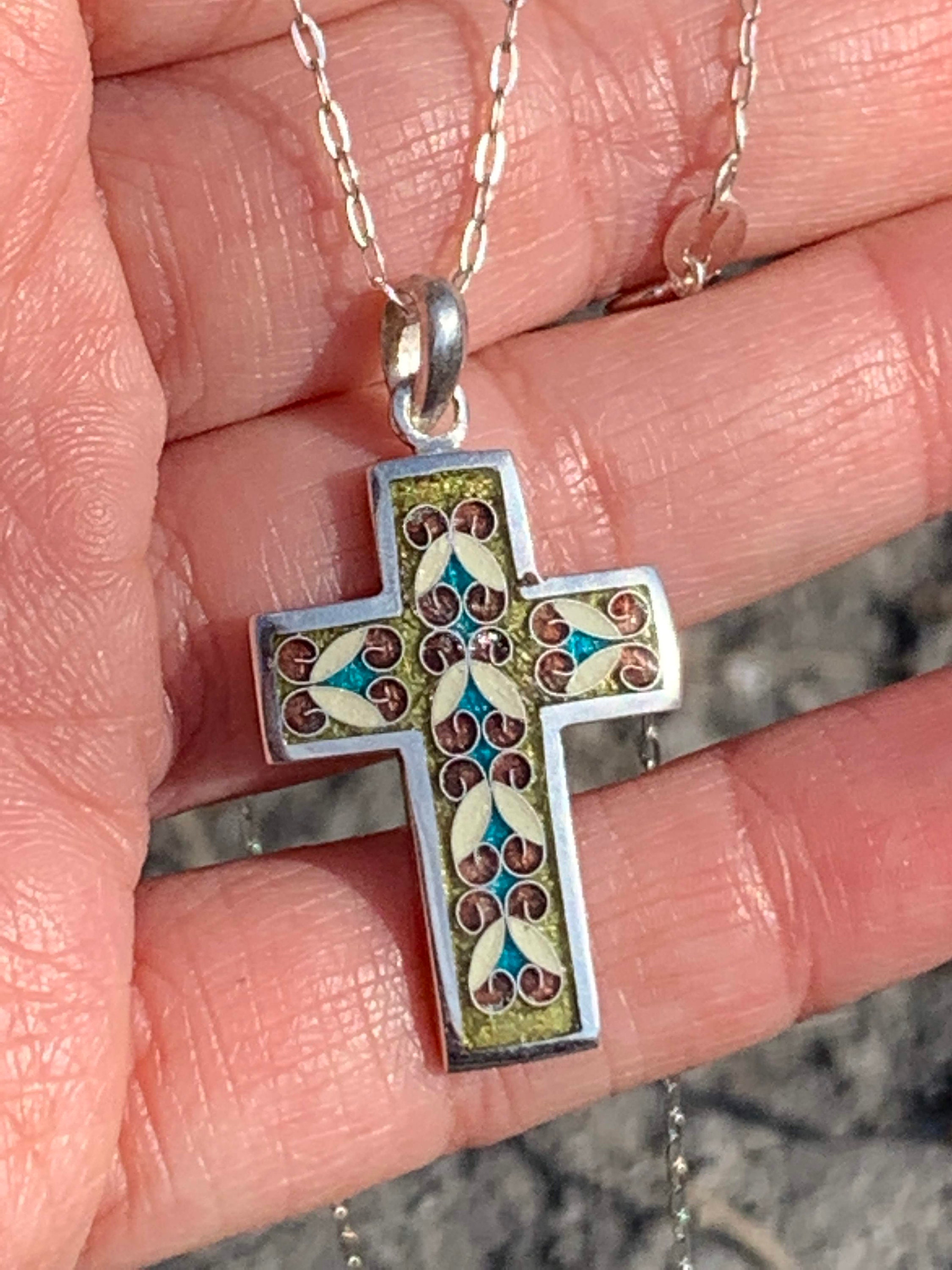 Enamel Cross Necklace Sterling Silver Handmade Cloisonne Glass Etsy