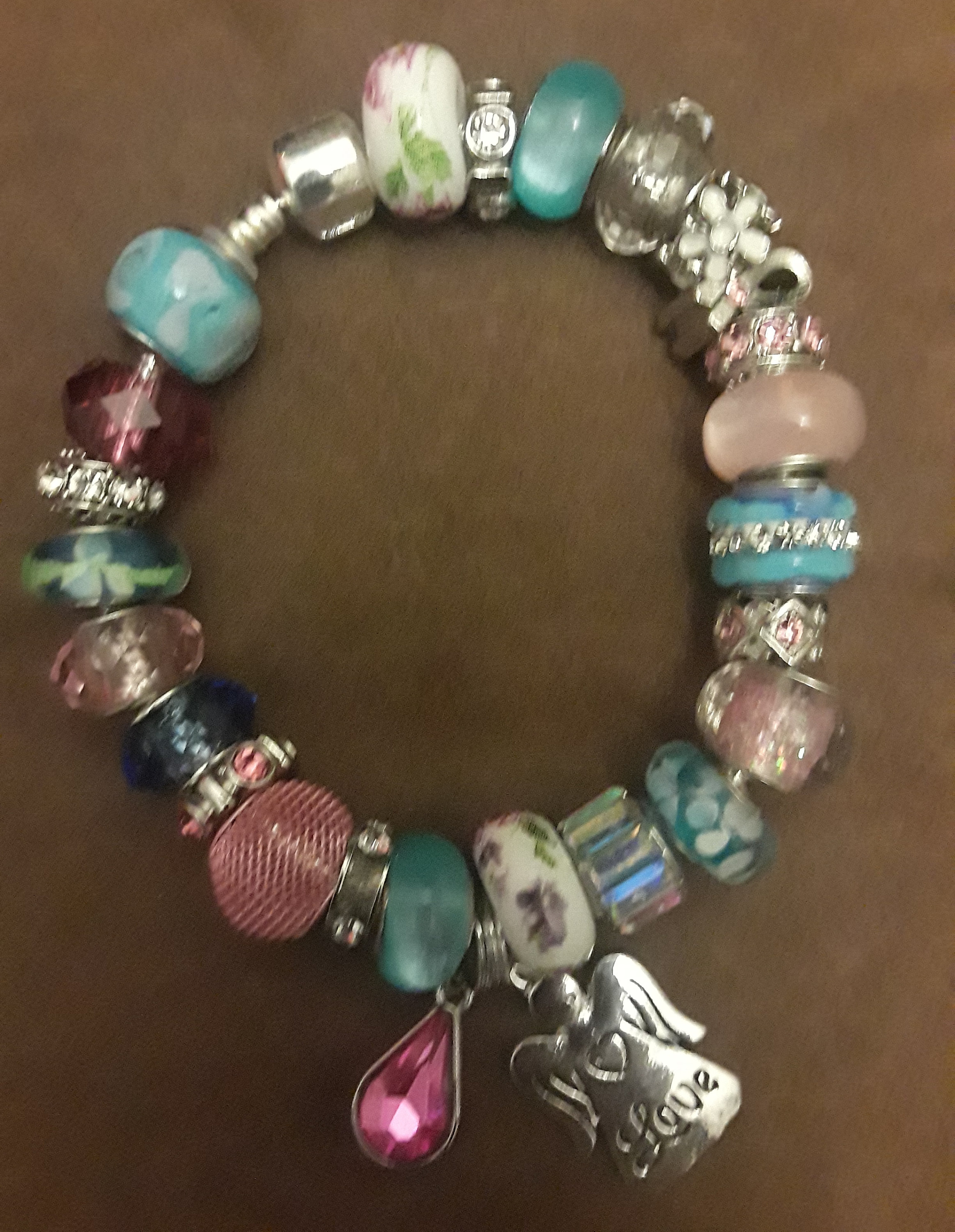 Pink and Blue Pandora Charm Bracelet with angel charm