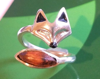 Der tier designte Fuchs 925 Sterling Silber Ring aus schwarz emailliertem Eichenholz - verstellbarer Ring, Fuchs Ring - Geschenk für Ihn #2090