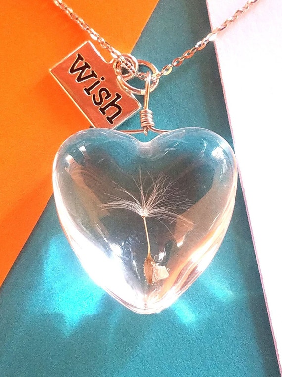 Dandelion Wish Necklace - Glass Ball Heart Pendant With Crystal - Unique Gift Idea