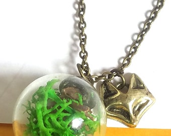 2061# PROMOTION FOX CHARM Vintage Necklace With   Real Moss In Handblown Glass Orb, Gift For Her