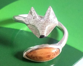 Fuchs Ring mit natur rotem Eichenholz aus 925 Sterling Silber, feines Geschenk für Sie. #2014