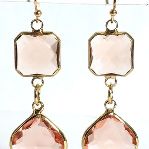 Earing Dangling  Rose Quartz Pear Shape And Square Shape Checkerboard Finish Cut Stones Polished Gold Color Earrings Fine Gift For Her#20150