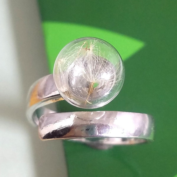 Exclusive Silver Overlaid With Hand Blown Glass Dandelion Orb Ring - Adjustable Ring - Celestial Ring - Gift For Him - Statement Ring#2038