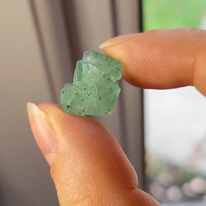 May include: A small, light green crystal cluster with dark speckles. The crystal is held between two fingers, showcasing its natural, geometric structure. The background is blurred, highlighting the crystal's details.