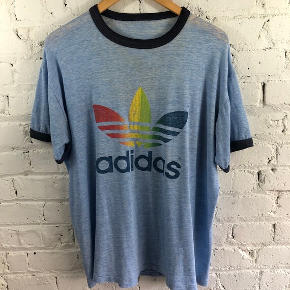 Vintage 70s Adidas Rainbow Trefoil Ringer T-shirt