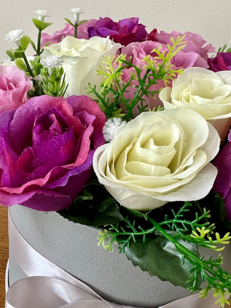Artificial Hatbox Flower Arrangement Silk Flowers Gift Pink Purple
