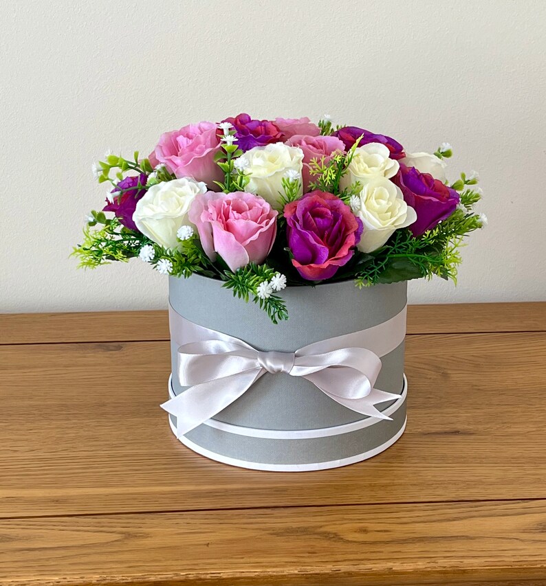 Artificial Hatbox Flower Arrangement Silk Flowers Gift Pink Purple