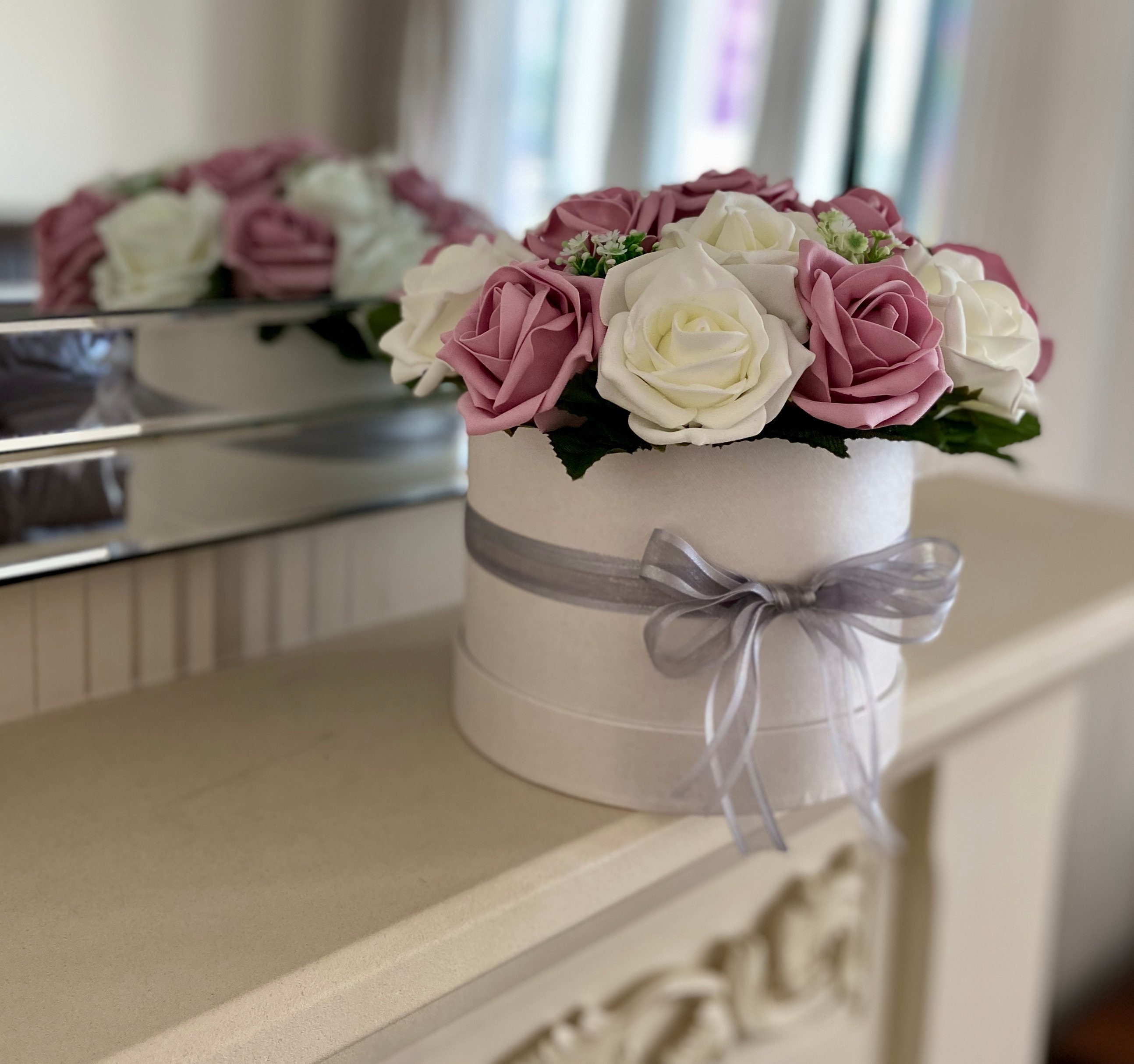 Artificial Hatbox Flower Arrangement Flowers Gift Centrepiece Pink