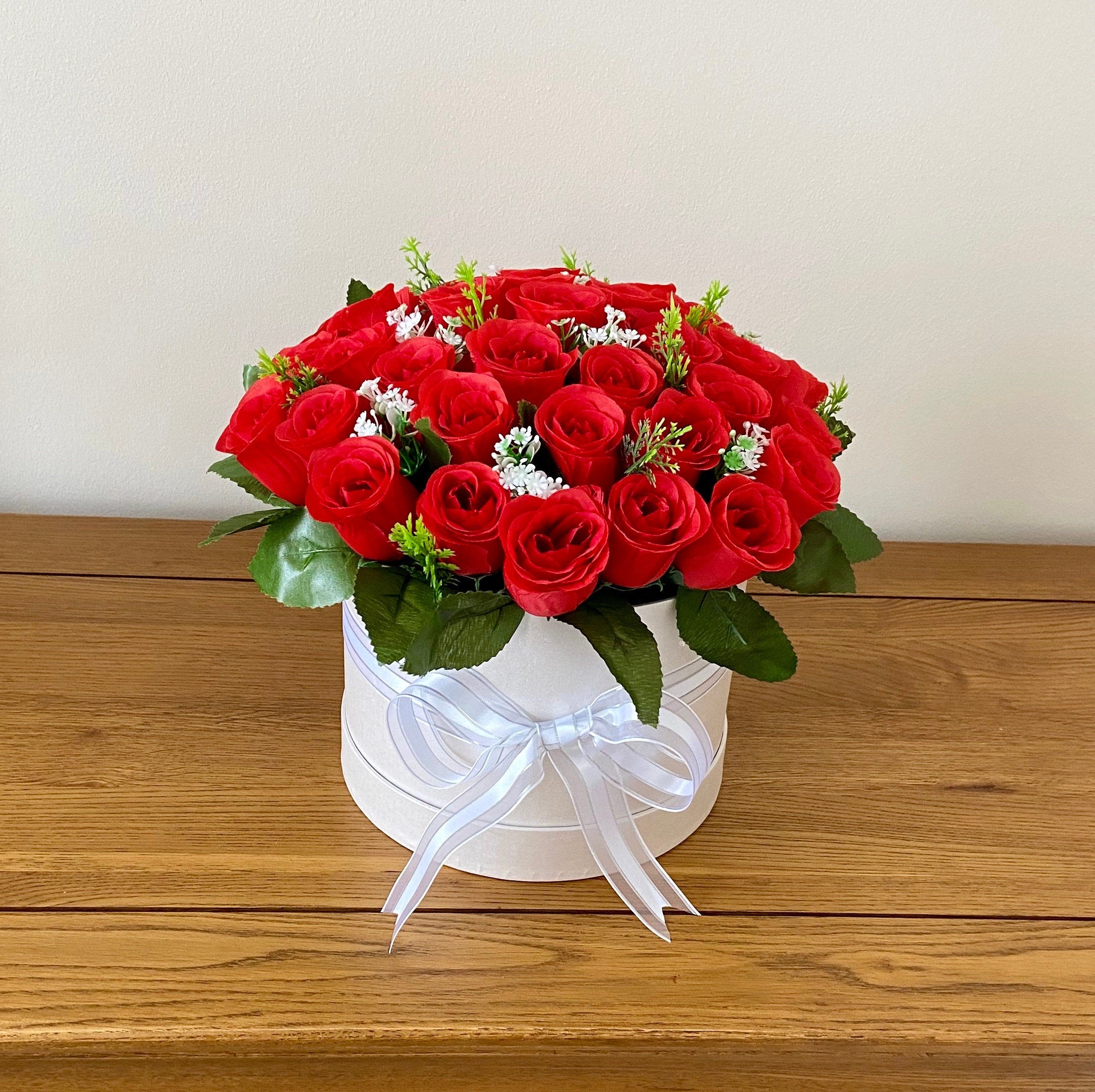 Artificial Hatbox Flower Arrangement Silk Flowers Gift Red Etsy UK