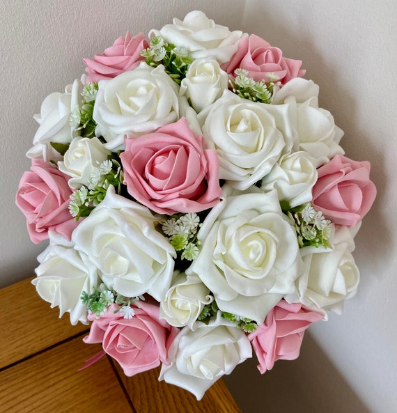 Mixed Pink Artificial Flowers in a Cream Hatbox Flower Arrangement 