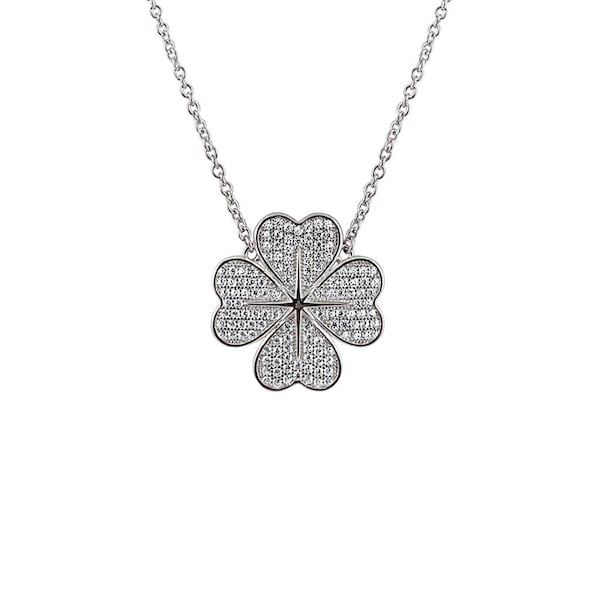 Sterling Silver Sparking Four Leaf Clover Heart Necklace, Pave Charm, Zirconia Lucky Necklace, Clover Luck Necklace, 4 Leaf Clover Necklace