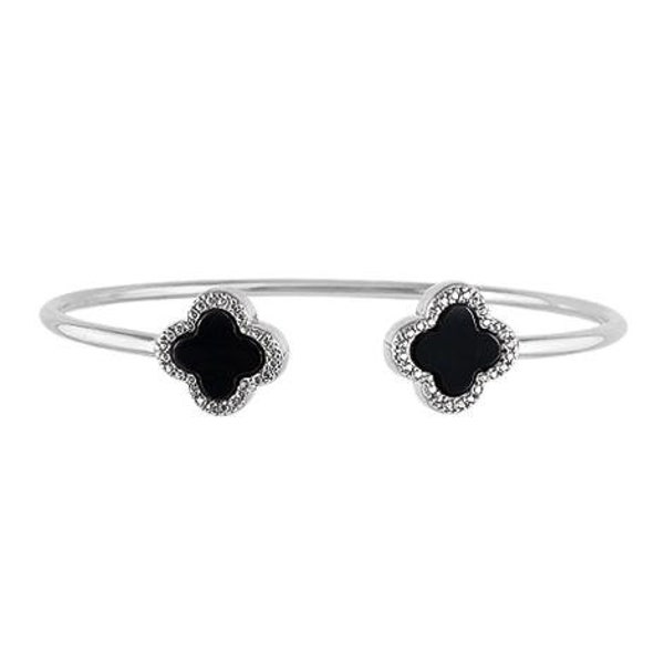 Sterling Silver Onyx Clover Bangle, Black Gemstone Clover Charms, 4 Leaf Clover Bracelet, Luck Charm Bangle Bracelet, Women Dainty Bangle