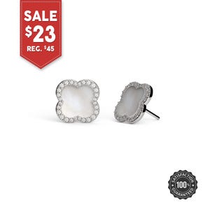 Sterling Silver Mother of Pearl Clover Stud Earrings, Pearl Stone Earrings, Crystal Clover Stud, Women Earrings, Four Leaf Pearl Clover Stud