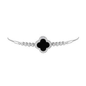 Sterling Silber Onyx Klee Armband, schwarzer Edelstein Klee Charms, Klee Armband, Zirkonia Armband, zierliche Armband mit verstellbarer Länge
