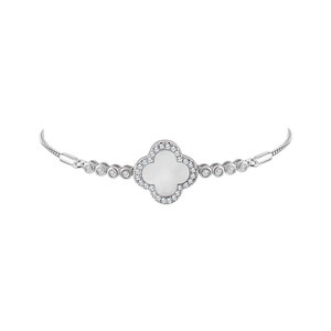 Sterling Silver Mother of Pearl Clover Bolo Bracelet, Pearl Clover Bracelet 4 Leaf Clover Bracelet, Zirconia Bracelet, Women Dainty Bracelet
