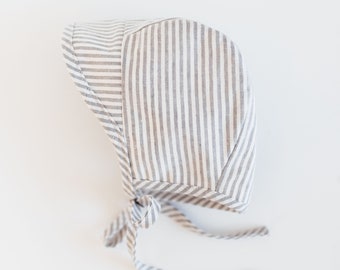 NAUTICA • Grey and White Linen Striped Sunbonnet • Baby Sunbonnet • Baby Bonnet • Baby Sunhat