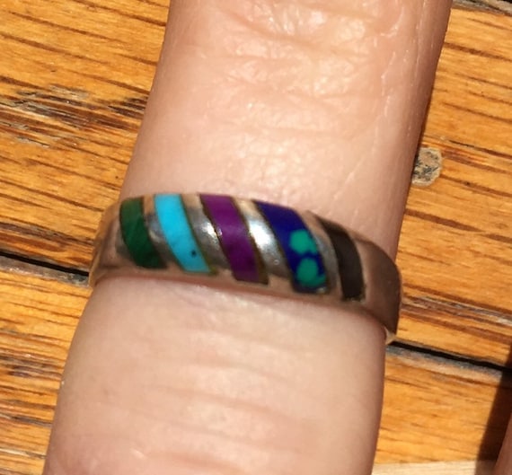 Multi colored, multi stone silver band ring - image 1