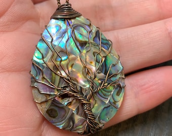 Antiqued Copper Wire Wrapped Abalone Pendant, Abalone Tree of Life Necklace, Abalone Tree Necklace, Gift Tree of Life