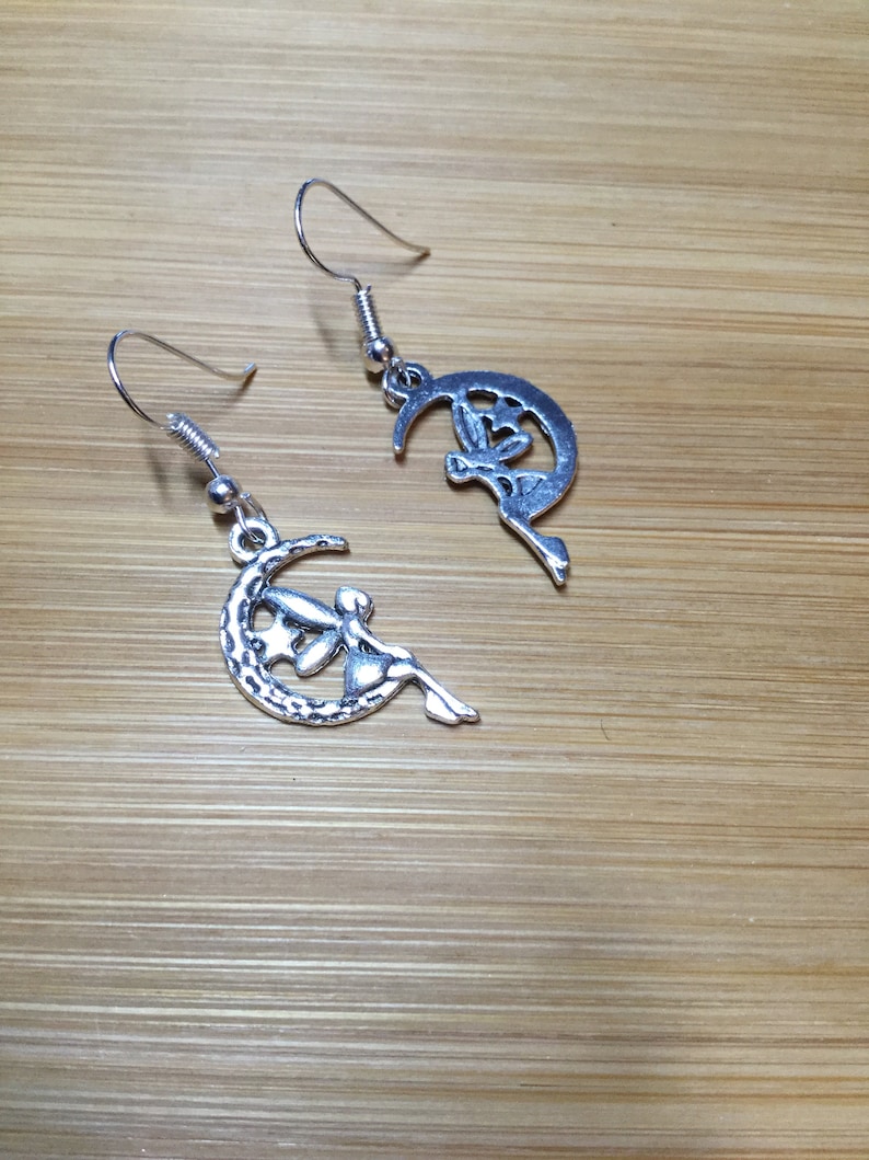 Celestial Earrings Moon Fairy Earrings Crescent Moon Fairies Dangling Earrings Moon Earrings Handmade Jewelry Faeries
