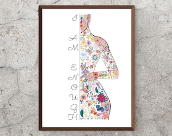 Arte de parede I AM SUFICIENTE, citação inspiradora, Marisa Peer, mulher empoderada, chefe, design floral fino feminino