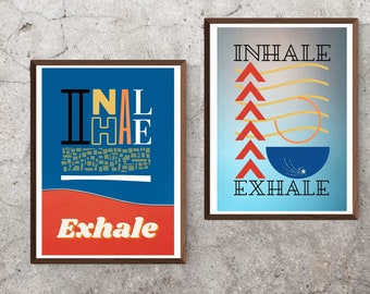 Slaapkamer decor, inhaleren exhale print, kantoor wall art, retro pop afbeelding, abstracte lijnen woorden