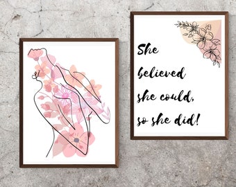 She believe she could, and did digital wall art, Inspirational quote, Empowered woman, boss babe, Feminine floral print