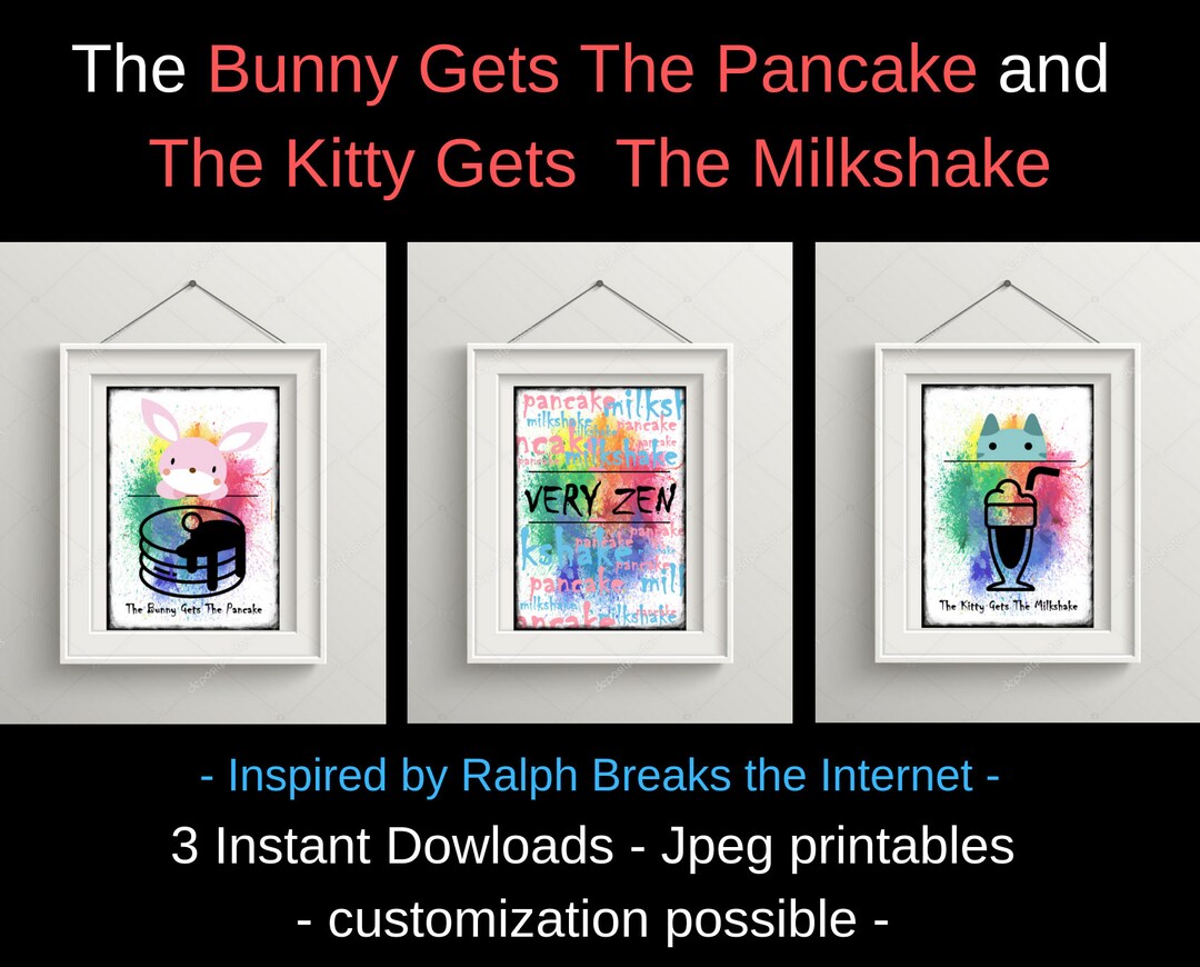 Bunny Pancake Kitty Milkshake Printable, Kids Room Wall Decor, Ralph
