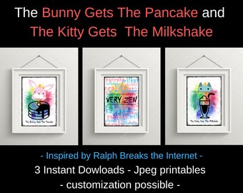 Coelhinho panqueca gatinho milkshake para impressão, decoração de parede de quarto infantil, Ralph quebra a internet inspirado, pôster zen, rede de presentes para recém-nascidos de berçário