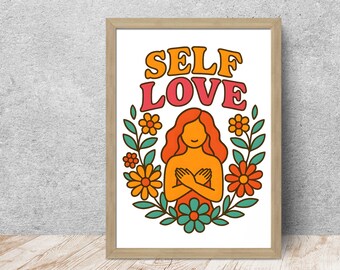 Estampa floral retrô de amor próprio: arte fortalecedora da saúde mental (download digital)