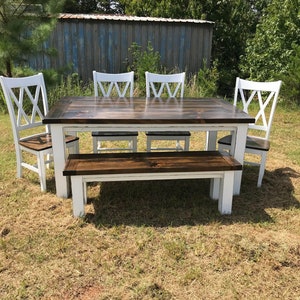 Full Farmhouse Table set! Includes Traditional Square leg farmhouse table, 4 Double X Back chairs and matching bench!